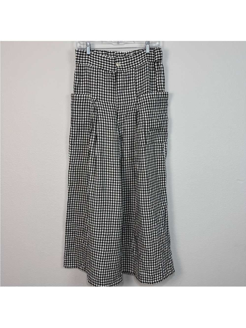 Free People East Side Trousers Plaid Relaxed Fit‎ Button Fly Black White Medium - Picture 5 of 10